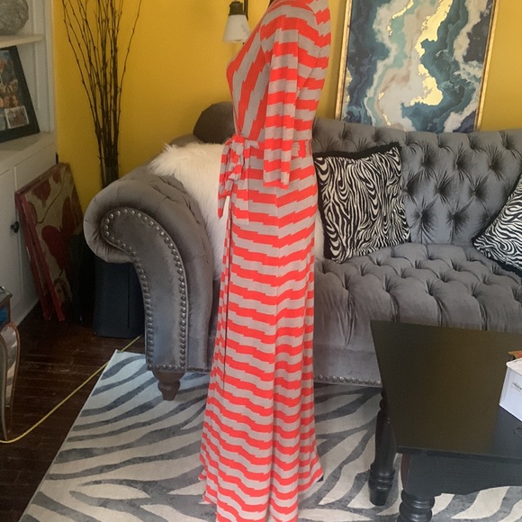 Orange and tan maxi faux wrap dress with v neck - Picture 4 of 6